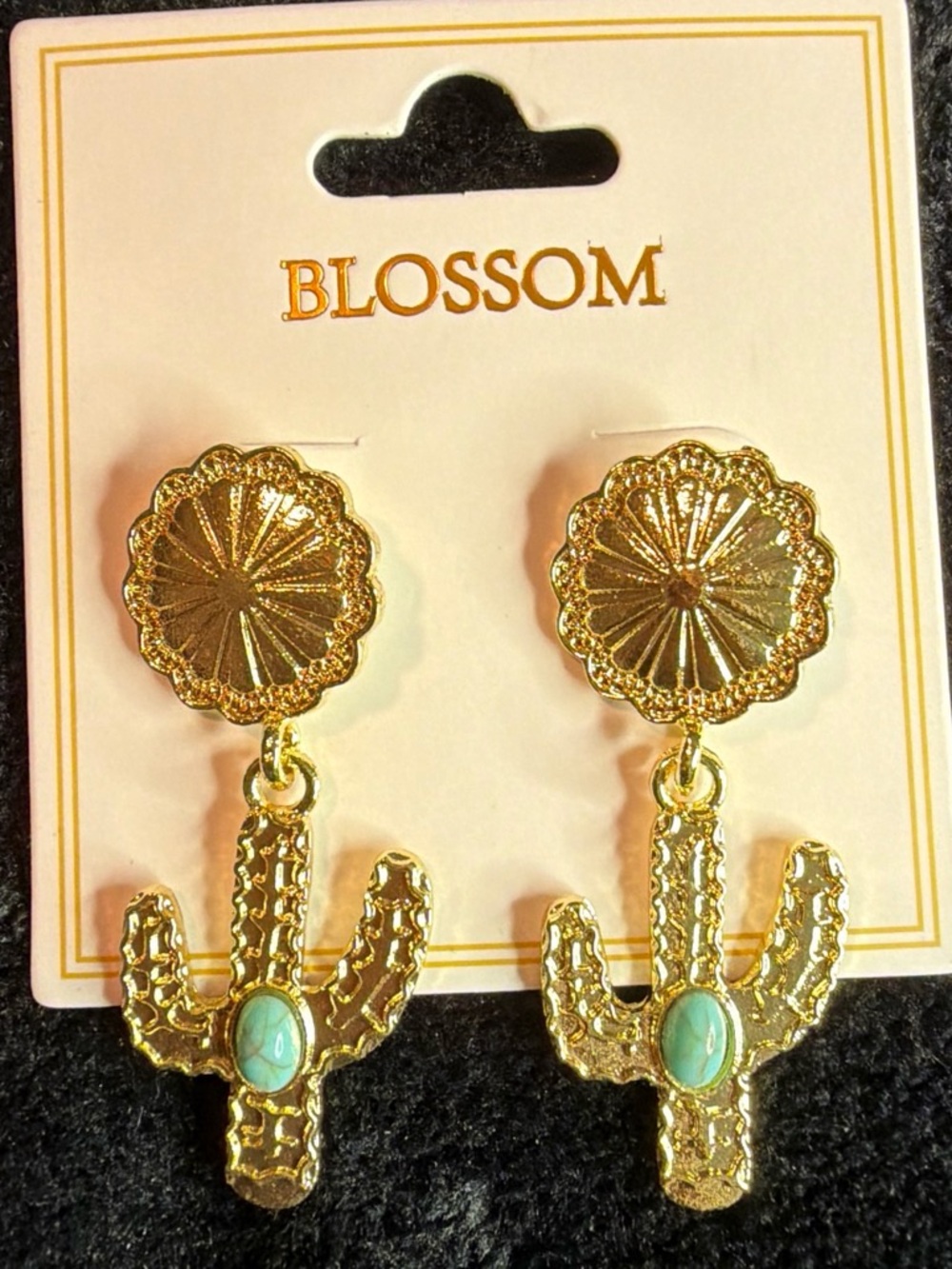 Gold Cactus Drop Earrings with Turquoise Accent